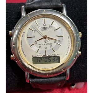 Citizen Quartz Ana-Digi Chronograph Japan Black Leather Strap C480- 313542